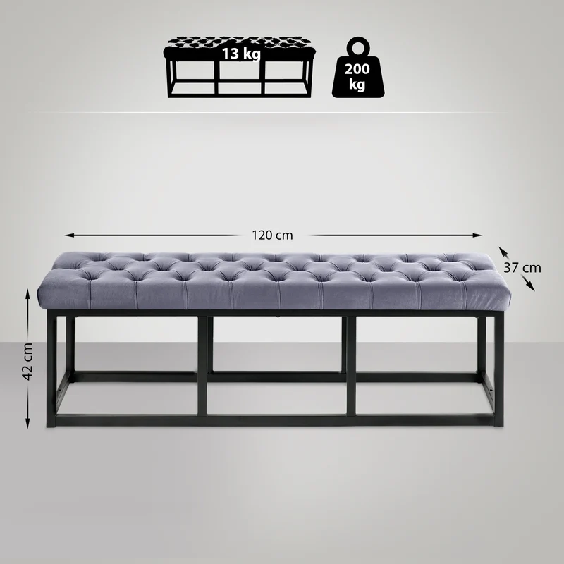 Banquette capitonné bout de lit en tissu velours gris support en métal noir 120 cm BAN10110