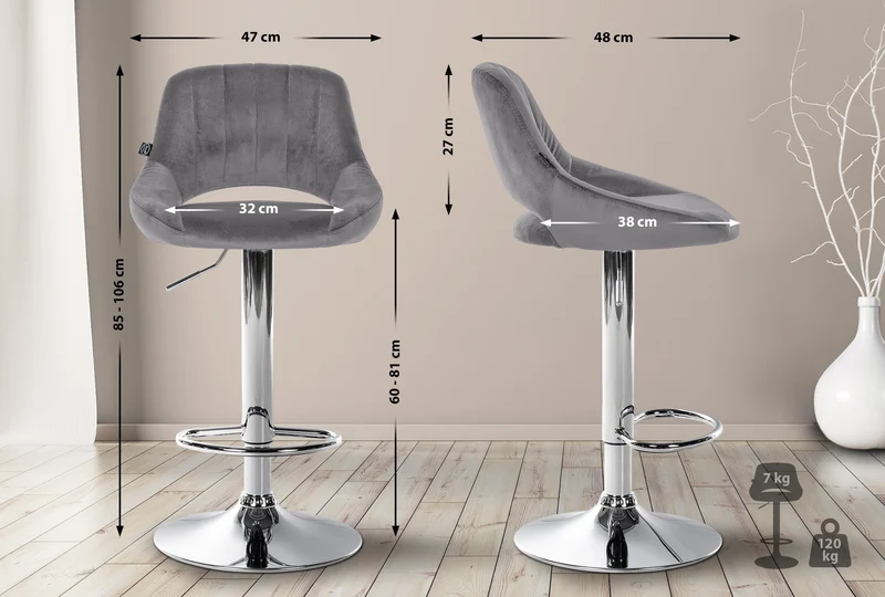 Lot de 2 tabourets de bar avec repose-pieds en forme d'arc assise en tissu gris cadre en métal TDB10758