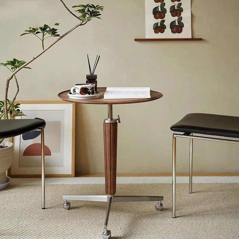 Traditional Vintage Round Walnut Ash Stainless Steel End Table 1-Tier For Living Room