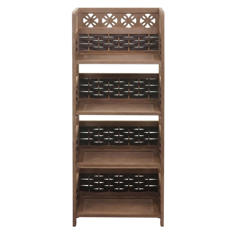 Étagère sur pied pliable 4 niveaux cadre en bois tissage en polyrotin 110 cm marron foncé 04_0008646