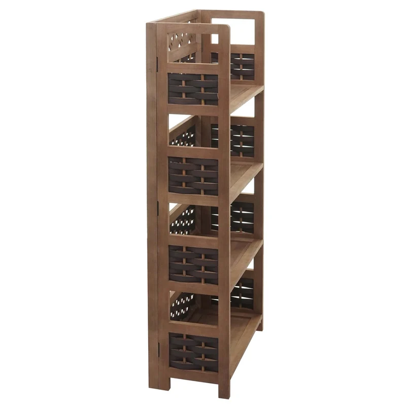 Étagère sur pied pliable 4 niveaux cadre en bois tissage en polyrotin 110 cm marron foncé 04_0008646