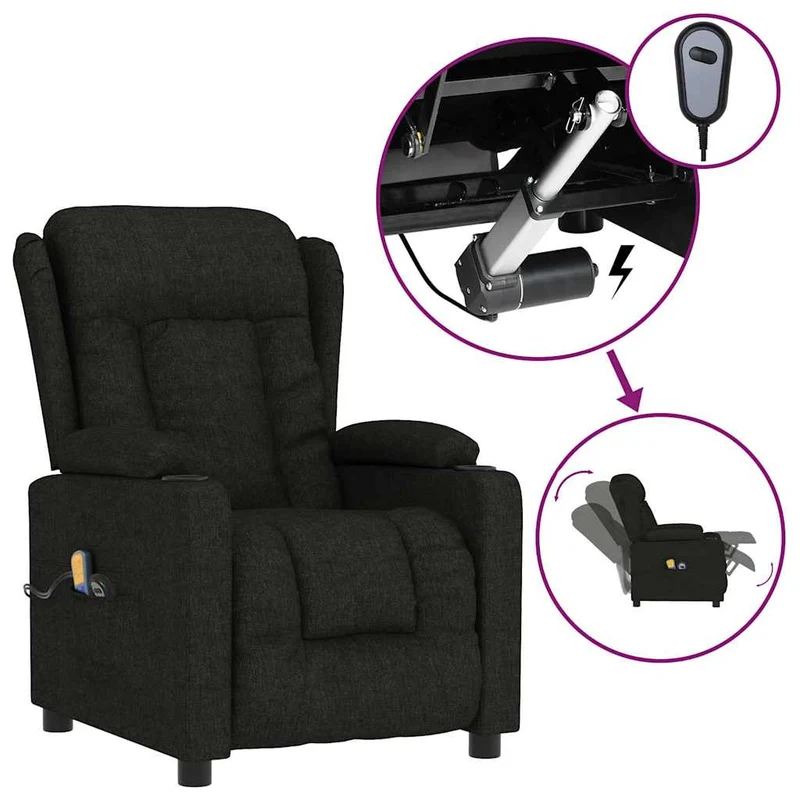 Fauteuil de relaxation avec fonction d'inclinaison électrique 6 points de massage en tissu noir DEC029308