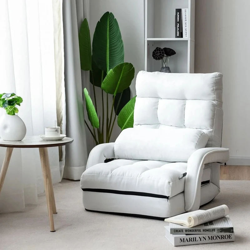 Fauteuil convertible chauffeuse convertible 1 place en tissu avec oreiller 5 positions blanc 20_0000626