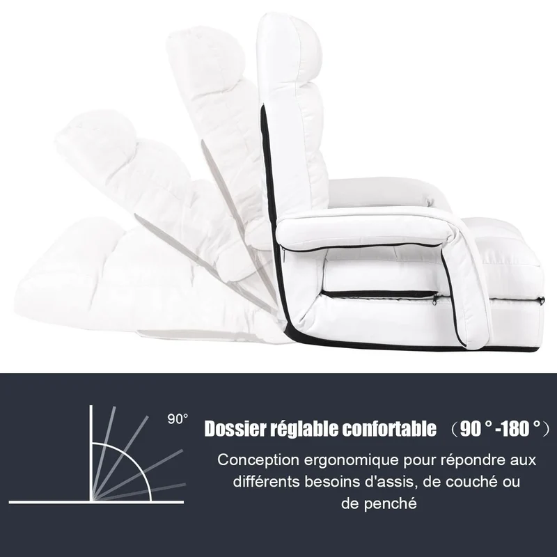 Fauteuil convertible chauffeuse convertible 1 place en tissu avec oreiller 5 positions blanc 20_0000626