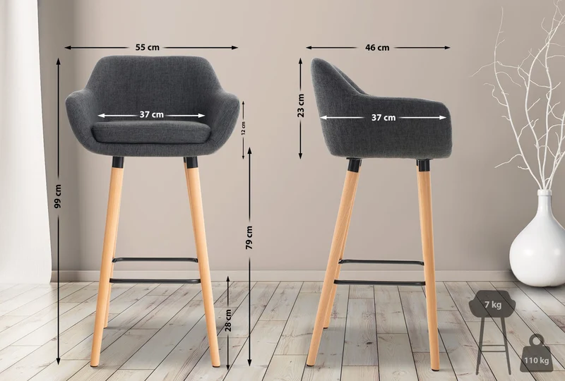 Tabouret de bar lounge x1 design scandinave assise en tissu gris foncé pieds en bois repose-pieds en métal 10_0004923