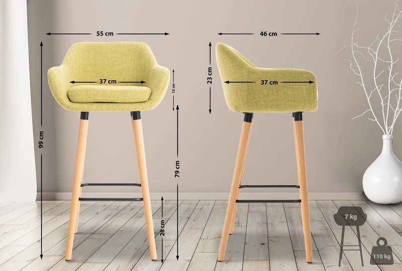 Tabouret de bar lounge x1 design scandinave assise en tissu vert clair pieds en bois repose-pieds en métal 10_0004927