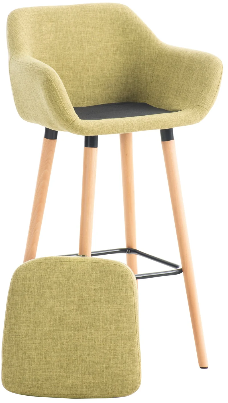 Tabouret de bar lounge x1 design scandinave assise en tissu vert clair pieds en bois repose-pieds en métal 10_0004927