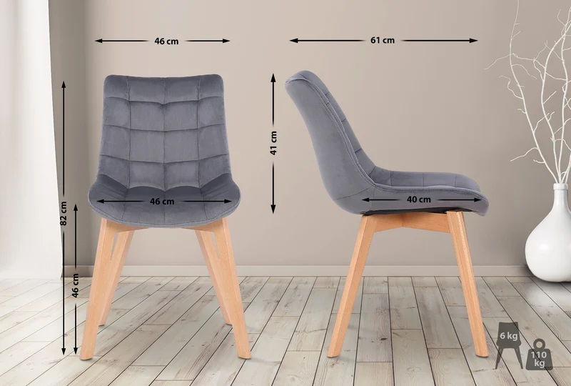 Chaise de salle à manger x1 rembourrage généreux en velours gris piètement en bois 10_0002083