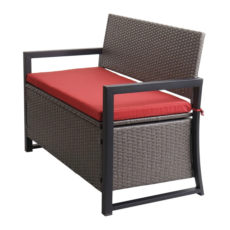 Banc 2 places en polyrotin hwc-f39 banc de jardin coffre banc compartiment de rangement coussin de siège de rangement coussin gris chiné rouge 04_0005796