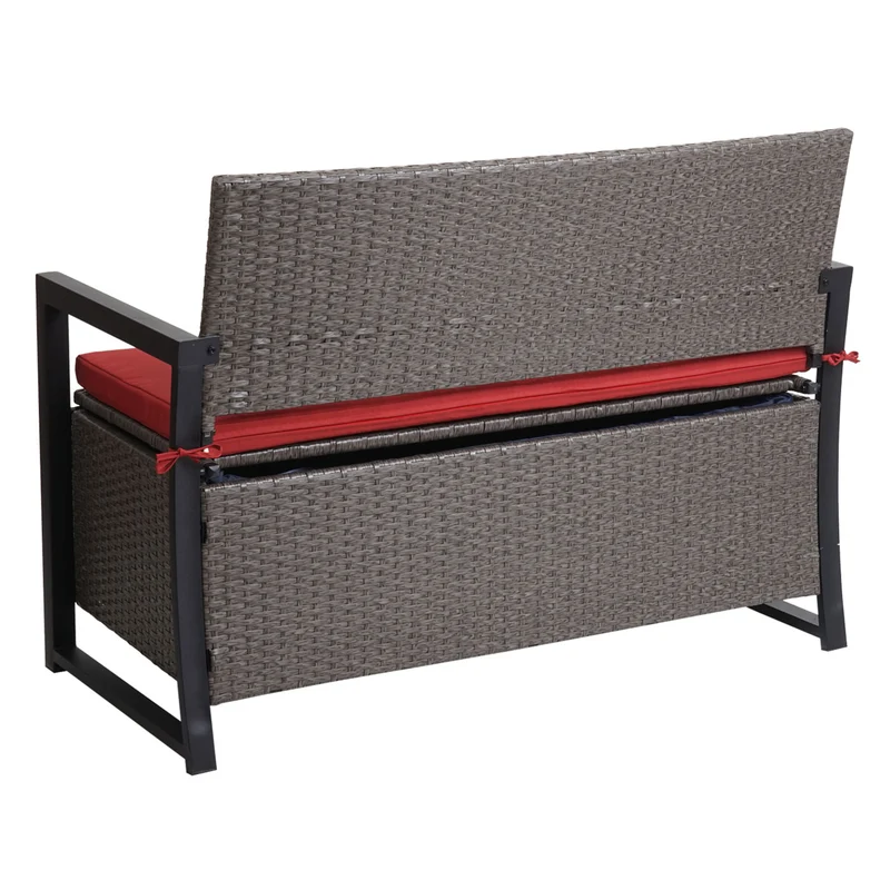 Banc 2 places en polyrotin hwc-f39 banc de jardin coffre banc compartiment de rangement coussin de siège de rangement coussin gris chiné rouge 04_0005796