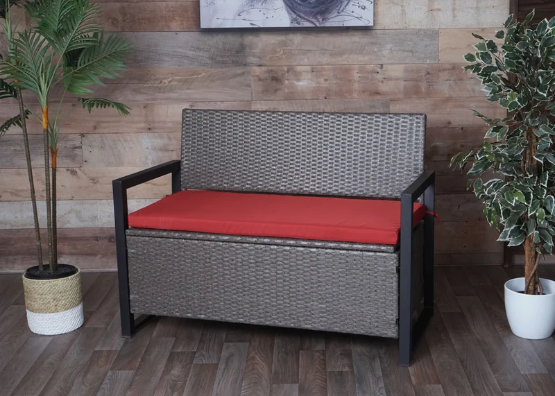 Banc 2 places en polyrotin hwc-f39 banc de jardin coffre banc compartiment de rangement coussin de siège de rangement coussin gris chiné rouge 04_0005796
