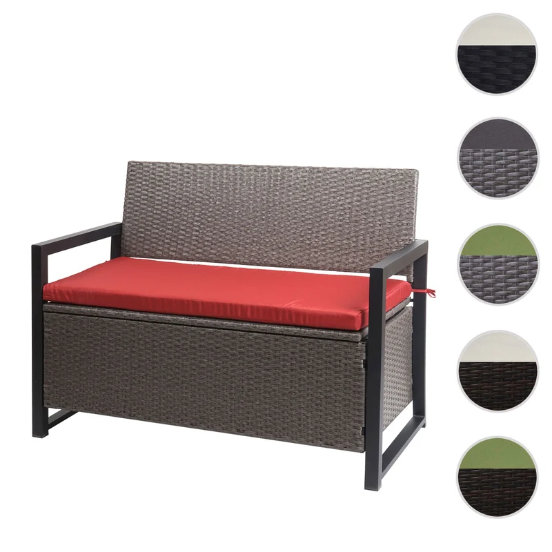 Banc 2 places en polyrotin hwc-f39 banc de jardin coffre banc compartiment de rangement coussin de siège de rangement coussin gris chiné rouge 04_0005796