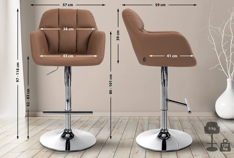 Tabouret de bar chaise haute x1 fonction rotation 360° en PVC marron clair avec coutures décoratives piètement métal chromé 10_0005258