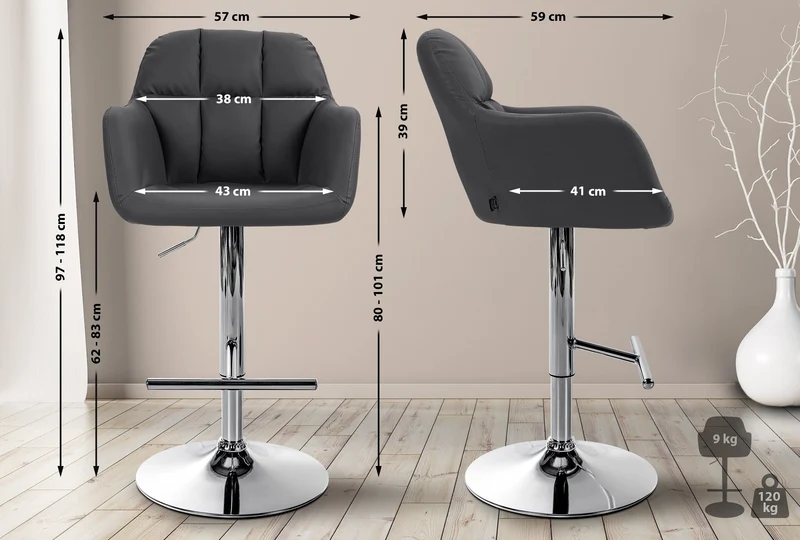 Tabouret de bar chaise haute x1 fonction rotation 360° en PVC noir avec coutures décoratives piètement métal chromé 10_0005254