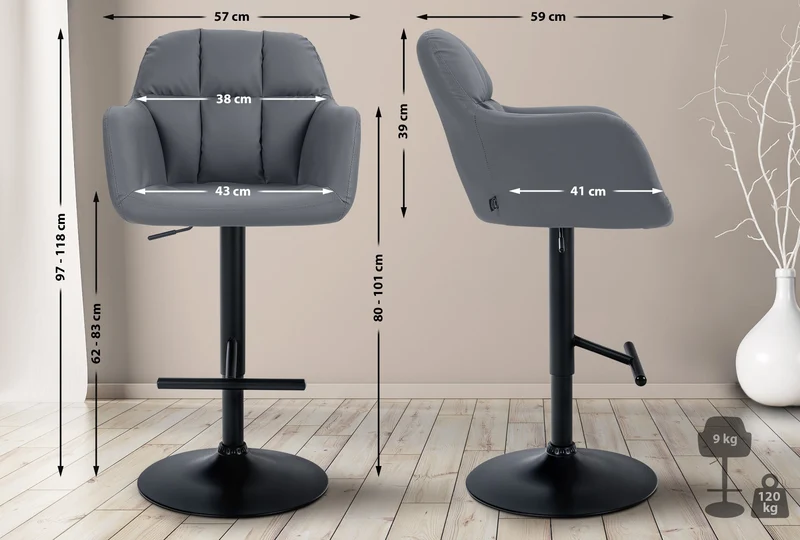 Tabouret de bar chaise haute x1 fonction rotation 360° en PVC gris avec coutures décoratives piètement métal noir 10_0005262