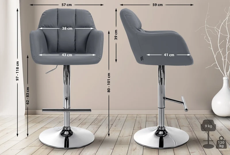 Tabouret de bar chaise haute x1 fonction rotation 360° en PVC gris avec coutures décoratives piètement métal chromé 10_0005257