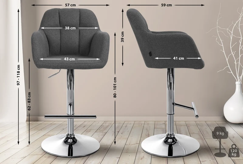 Tabouret de bar chaise haute x1 fonction rotation 360° en tissu gris foncé avec coutures décoratives piètement métal chromé 10_0005274