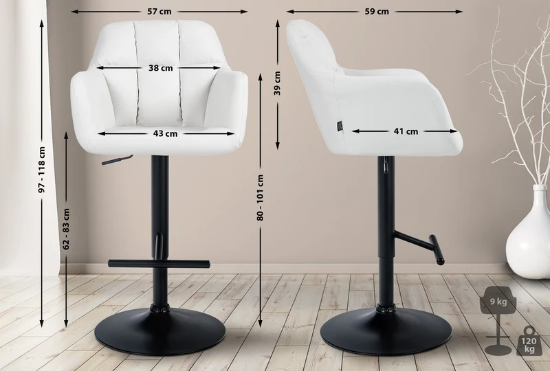 Tabouret de bar chaise haute x1 fonction rotation 360° en PVC blanc avec coutures décoratives piètement métal noir 10_0005261