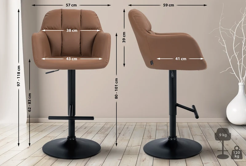 Tabouret de bar chaise haute x1 fonction rotation 360° en PVC marron clair avec coutures décoratives piètement métal noir 10_0005263