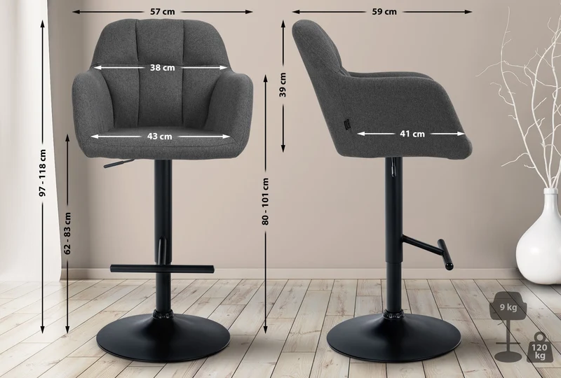 Tabouret de bar chaise haute x1 fonction rotation 360° en tissu gris foncé avec coutures décoratives piètement métal noir 10_0005279