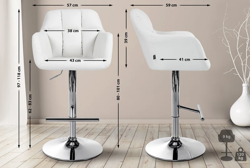 Tabouret de bar chaise haute x1 fonction rotation 360° en PVC blanc avec coutures décoratives piètement métal chromé 10_0005256
