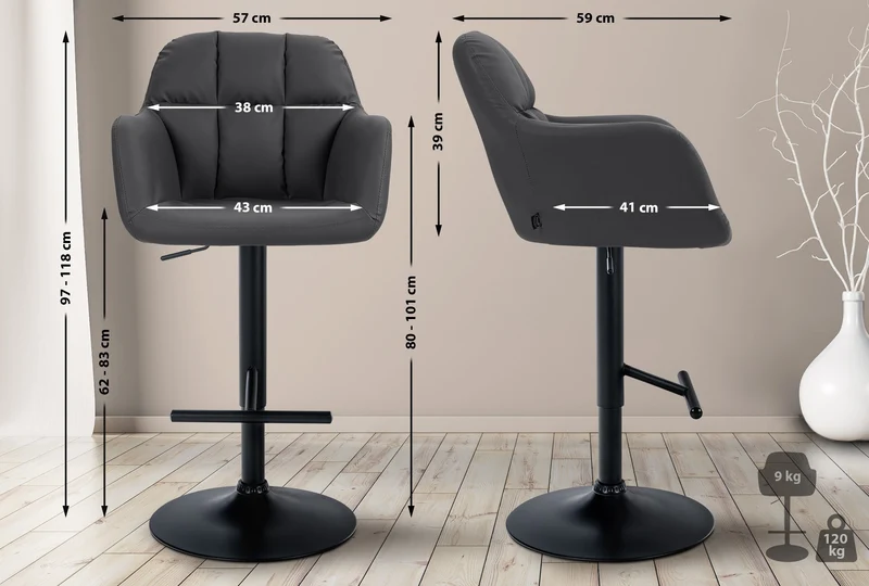 Tabouret de bar chaise haute x1 fonction rotation 360° en PVC noir avec coutures décoratives piètement métal noir 10_0005259