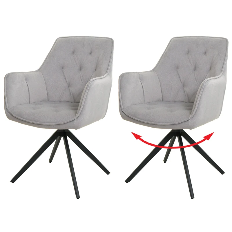 Lot de 2 chaises de salle à manger fauteuils pivotants 180° avec accoudoirs rembourrage épais design moderne tissu gris clair et métal 04_0007375