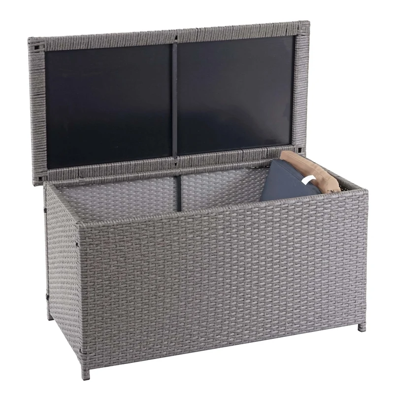 Coffre de rangement pour jardin en polyrotin gris avec roulettes rangement coussins 51x115x59cm 250L 04_0001344