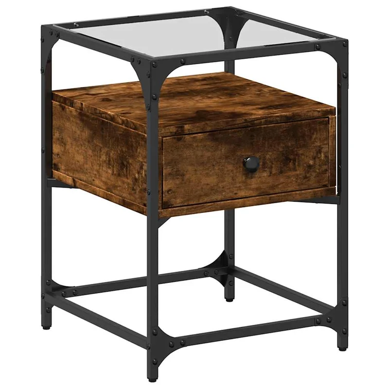 Lot de 2 tables de chevet avec tiroir 40 x 40 x 55 cm bois d'ingénierie marron acier et verre DEC035125