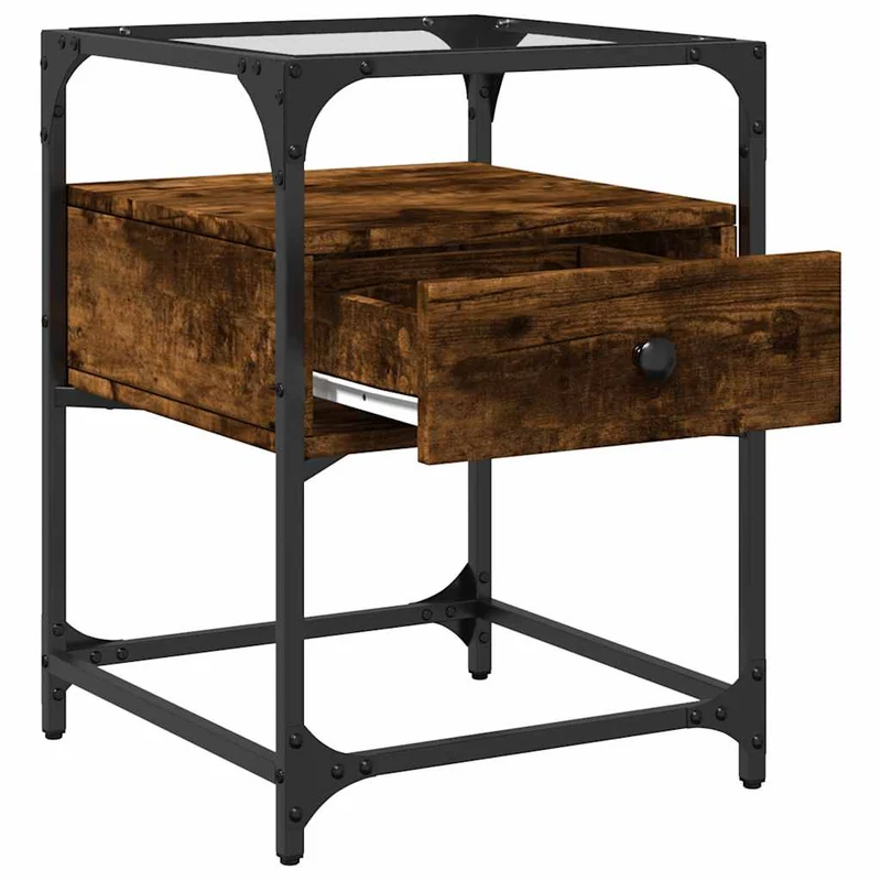 Lot de 2 tables de chevet avec tiroir 40 x 40 x 55 cm bois d'ingénierie marron acier et verre DEC035125