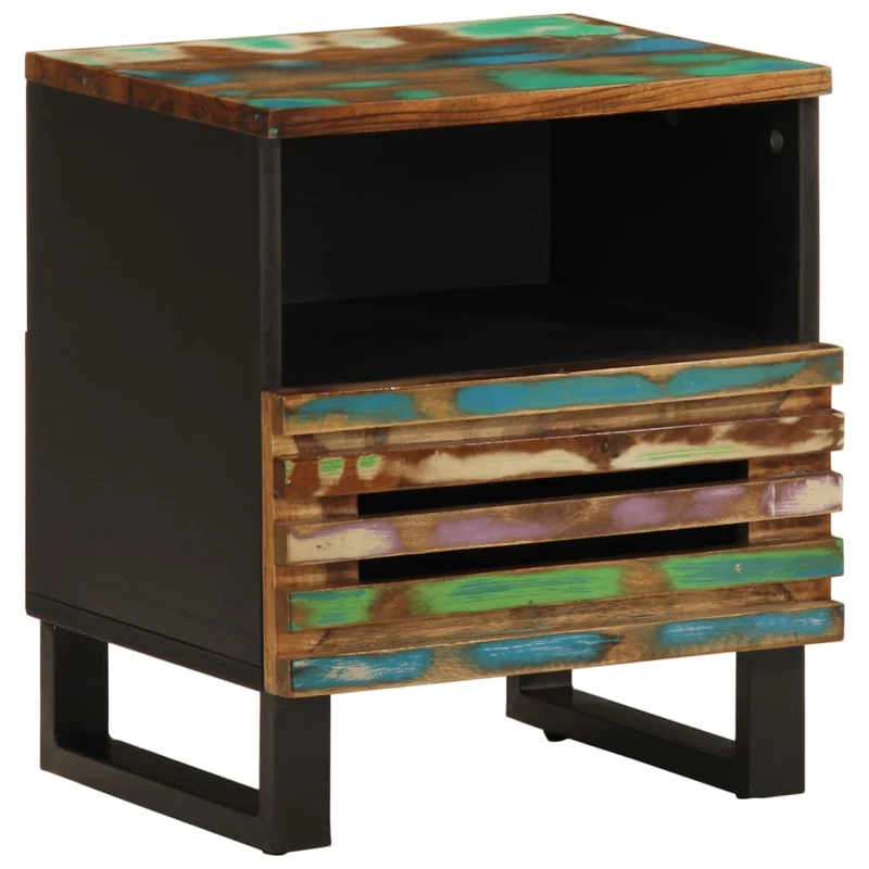 Lot de 2 tables de chevet avec tiroir et compartiment 40 x 34 x 46 cm bois massif de récupération et acier DEC034803