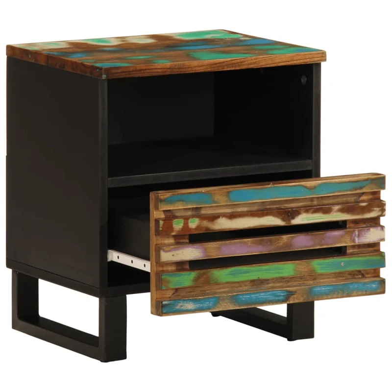 Lot de 2 tables de chevet avec tiroir et compartiment 40 x 34 x 46 cm bois massif de récupération et acier DEC034803