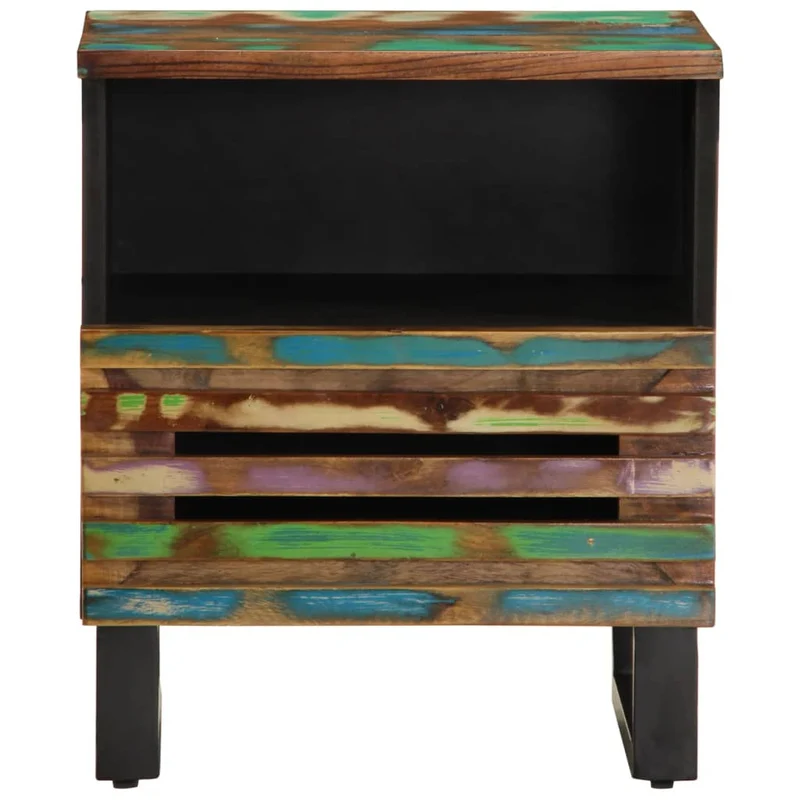 Lot de 2 tables de chevet avec tiroir et compartiment 40 x 34 x 46 cm bois massif de récupération et acier DEC034803