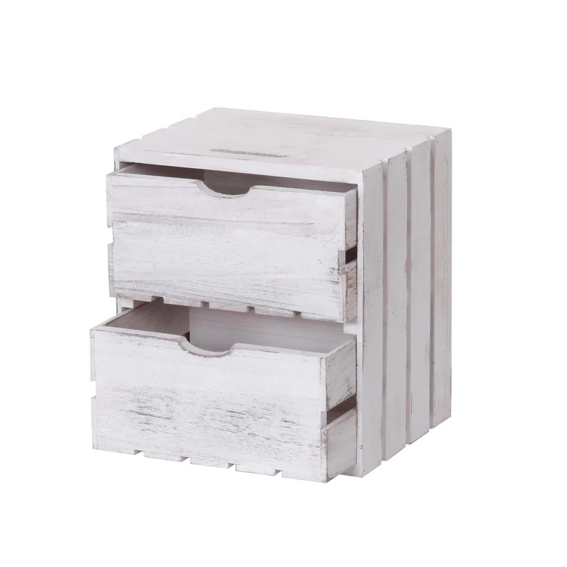 Petit meuble de rangement table de chevet en bois style vintage 2 tiroirs 36x32x26cm blanc 04_0002484