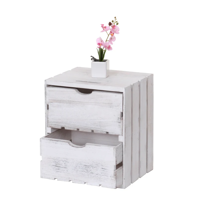 Petit meuble de rangement table de chevet en bois style vintage 2 tiroirs 36x32x26cm blanc 04_0002484