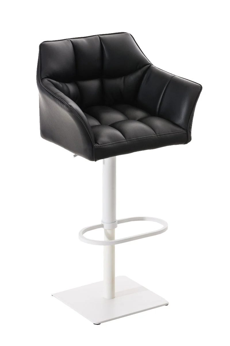Tabouret de bar chaise haute de comptoir couture carrées assise en PVC noir cadre en métal blanc 10_0004740