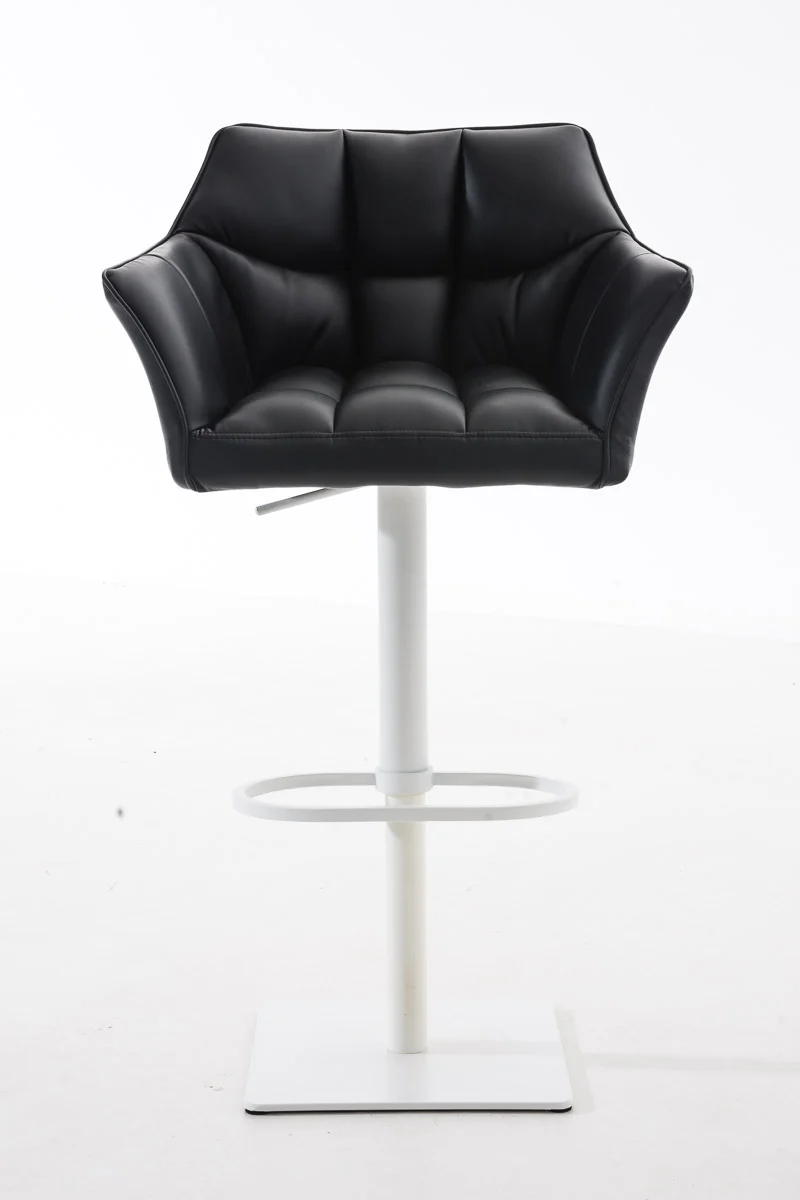 Tabouret de bar chaise haute de comptoir couture carrées assise en PVC noir cadre en métal blanc 10_0004740