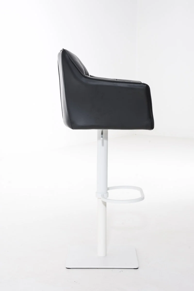 Tabouret de bar chaise haute de comptoir couture carrées assise en PVC noir cadre en métal blanc 10_0004740