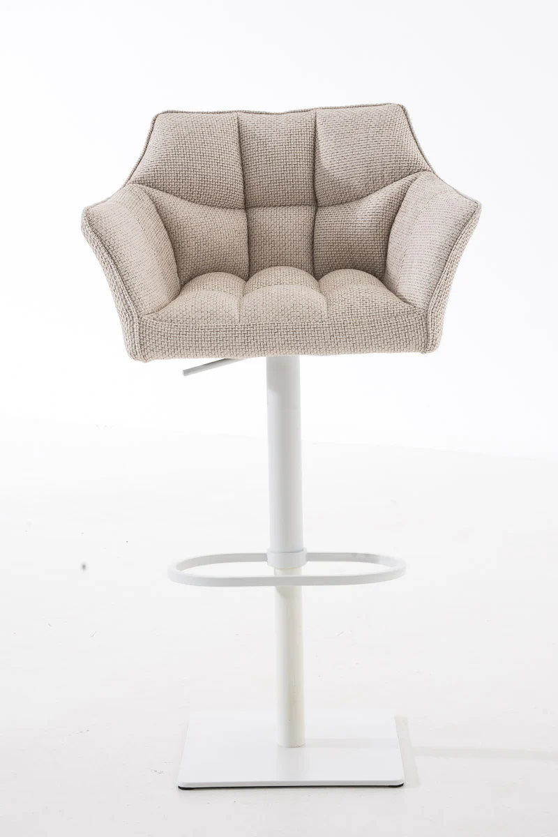 Tabouret de bar chaise haute de comptoir couture carrées assise en tissu crème cadre en métal blanc 10_0004753