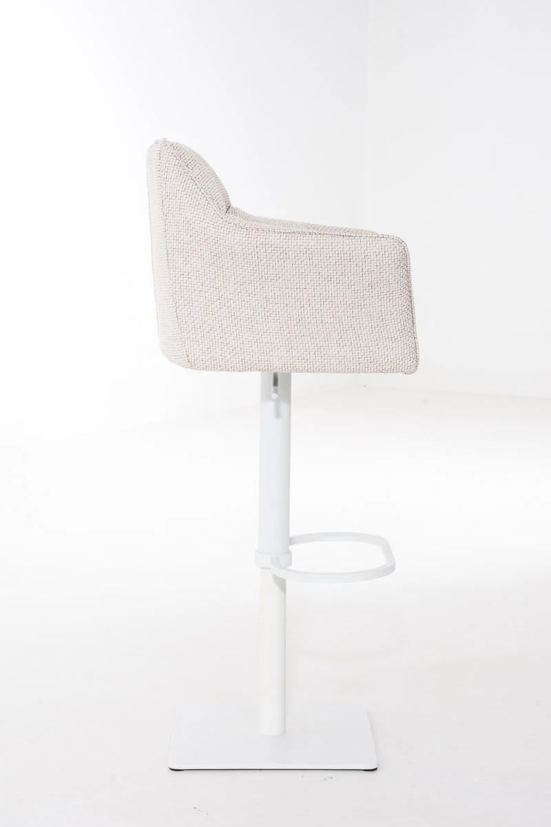 Tabouret de bar chaise haute de comptoir couture carrées assise en tissu crème cadre en métal blanc 10_0004753