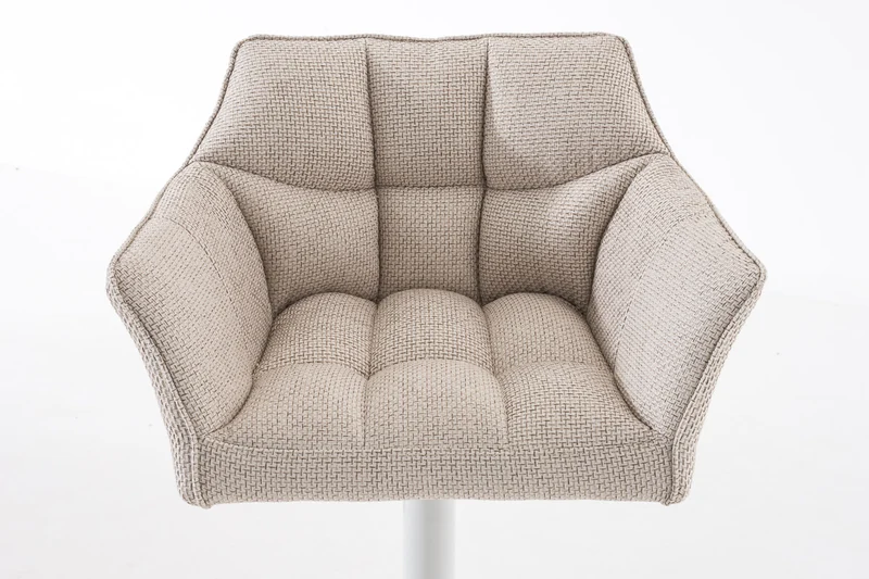 Tabouret de bar chaise haute de comptoir couture carrées assise en tissu crème cadre en métal blanc 10_0004753