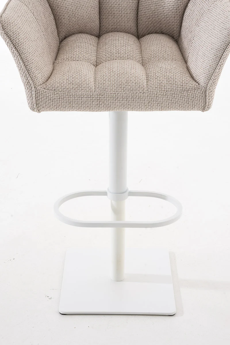 Tabouret de bar chaise haute de comptoir couture carrées assise en tissu crème cadre en métal blanc 10_0004753