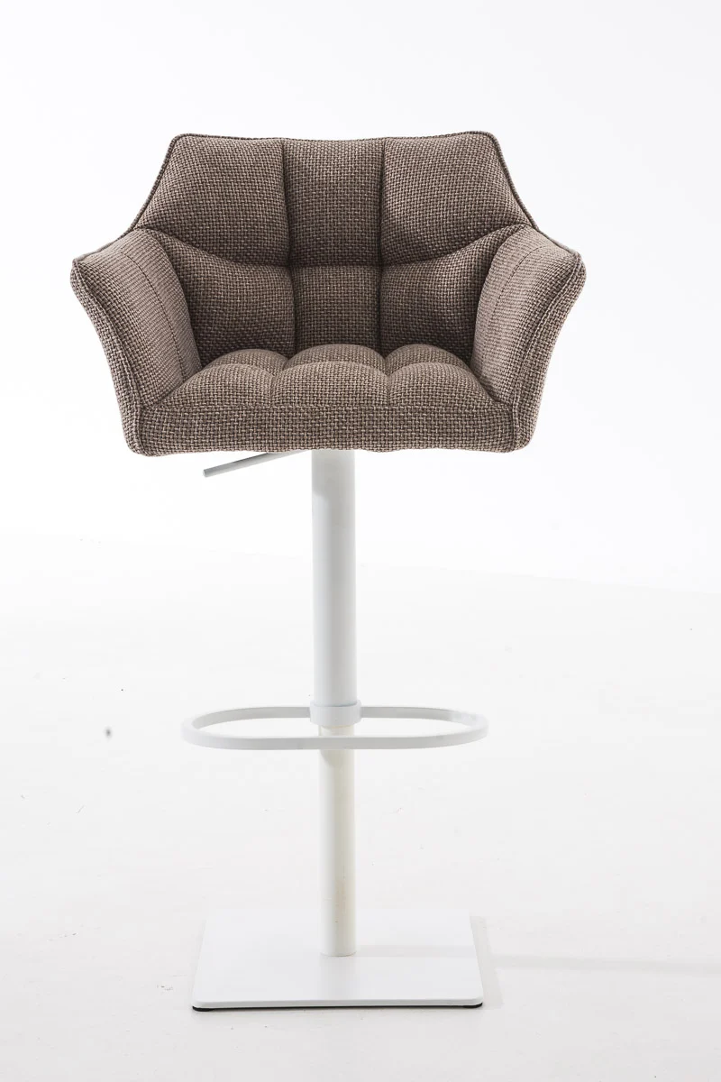Tabouret de bar chaise haute de comptoir couture carrées assise en tissu marron terre cadre en métal blanc 10_0004756