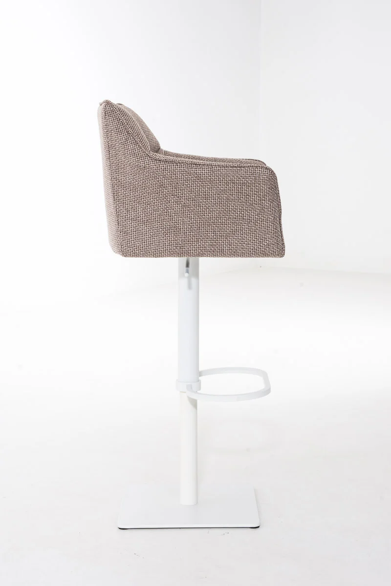 Tabouret de bar chaise haute de comptoir couture carrées assise en tissu marron terre cadre en métal blanc 10_0004756
