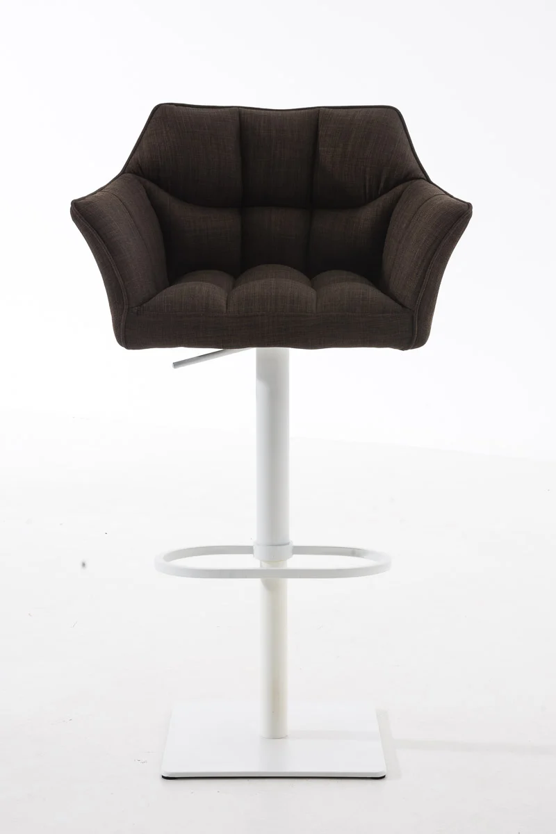 Tabouret de bar chaise haute de comptoir couture carrées assise en tissu marron cadre en métal blanc 10_0004752