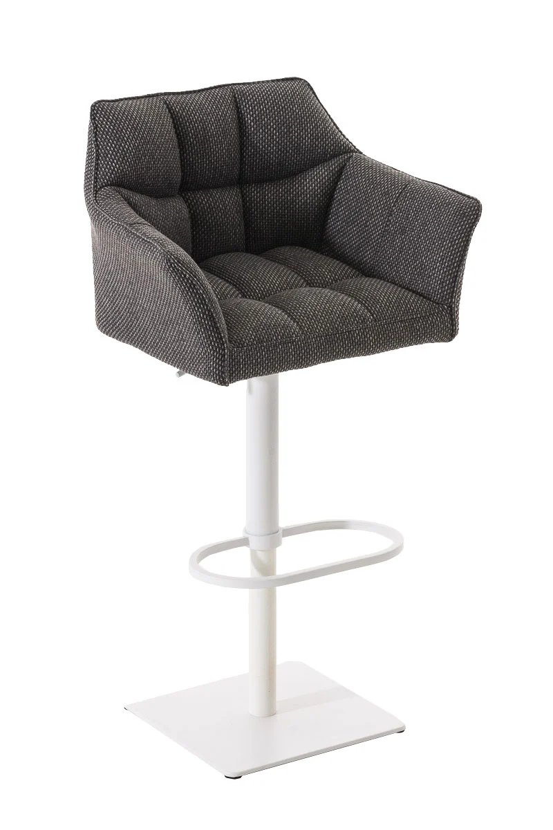 Tabouret de bar chaise haute de comptoir couture carrées assise en tissu gris titane cadre en métal blanc 10_0004757