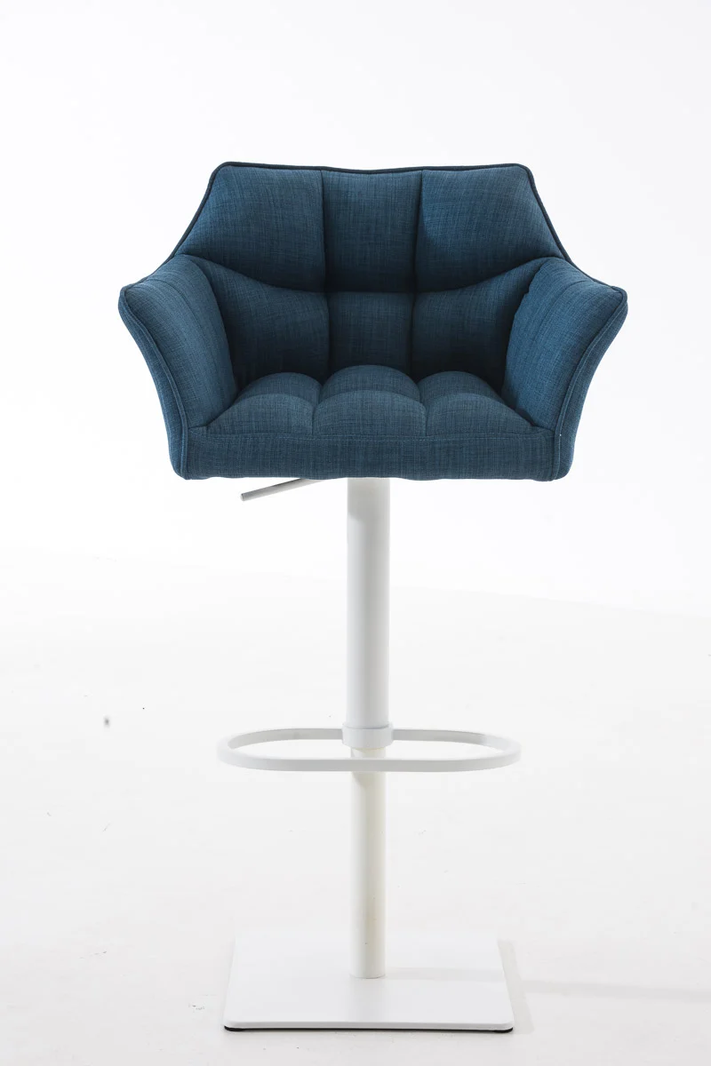 Tabouret de bar chaise haute de comptoir couture carrées assise en tissu bleu cadre en métal blanc 10_0004751
