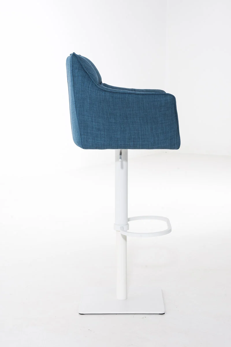 Tabouret de bar chaise haute de comptoir couture carrées assise en tissu bleu cadre en métal blanc 10_0004751