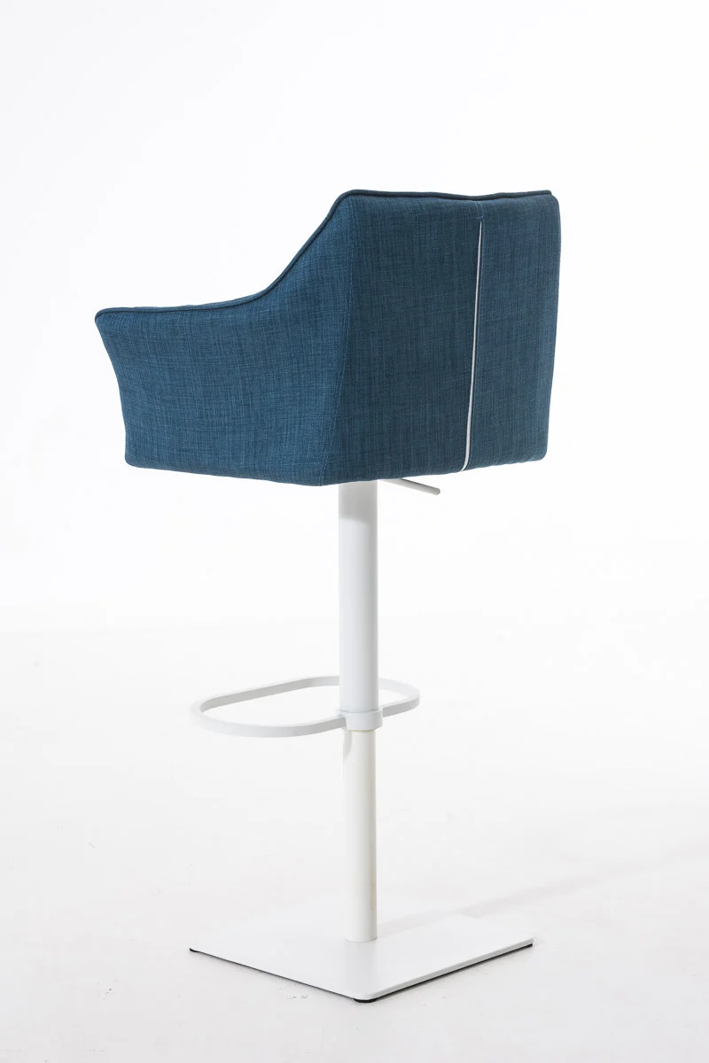 Tabouret de bar chaise haute de comptoir couture carrées assise en tissu bleu cadre en métal blanc 10_0004751