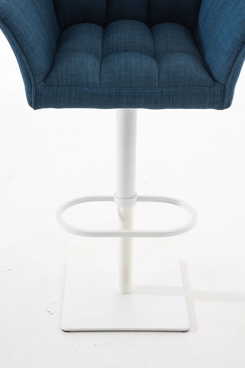 Tabouret de bar chaise haute de comptoir couture carrées assise en tissu bleu cadre en métal blanc 10_0004751